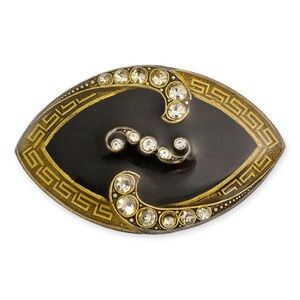 Vintage Catherine Popesco France Brooch Pin Black Enamel Rhinestone Greek Key